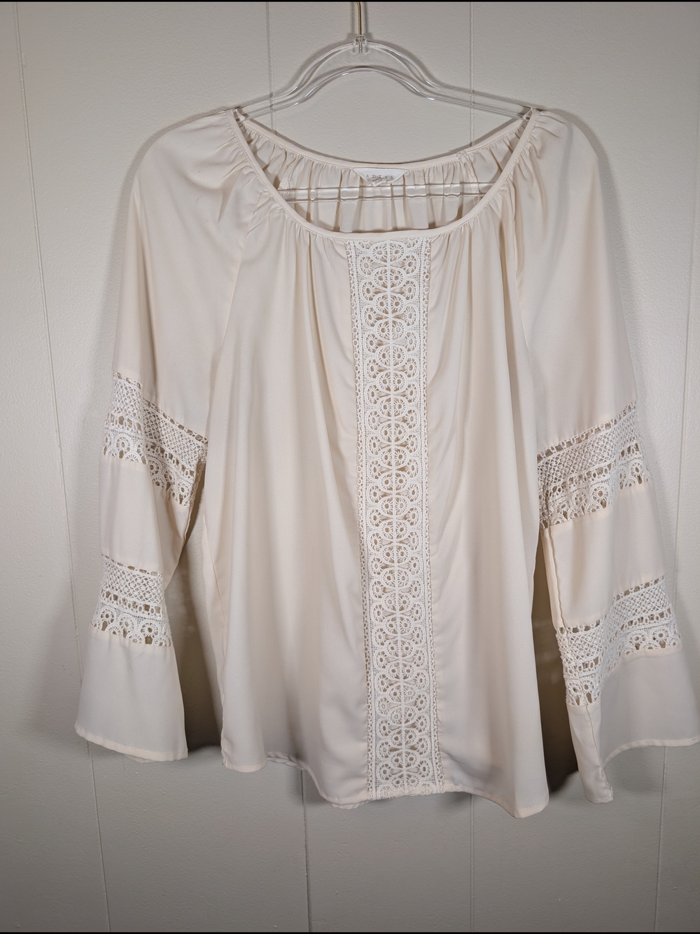 Adiva Ivory Lace Trim Boho Peasant Blouse Women’s Large Bell Sleeve Cream Top - Picture 2 of 13